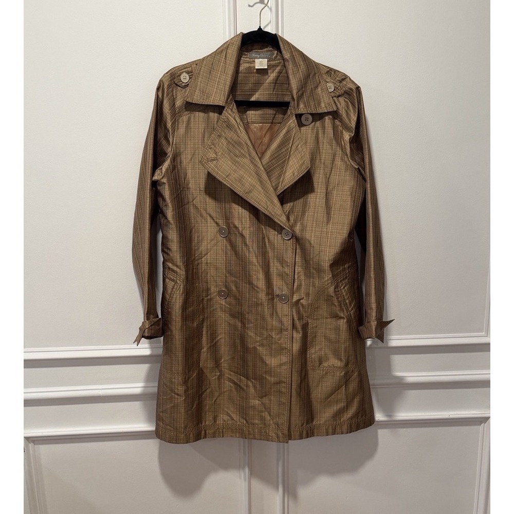 Tommy Bahama Tan Plaid Trench Coat Size L Women's Double Breasted Lightweight